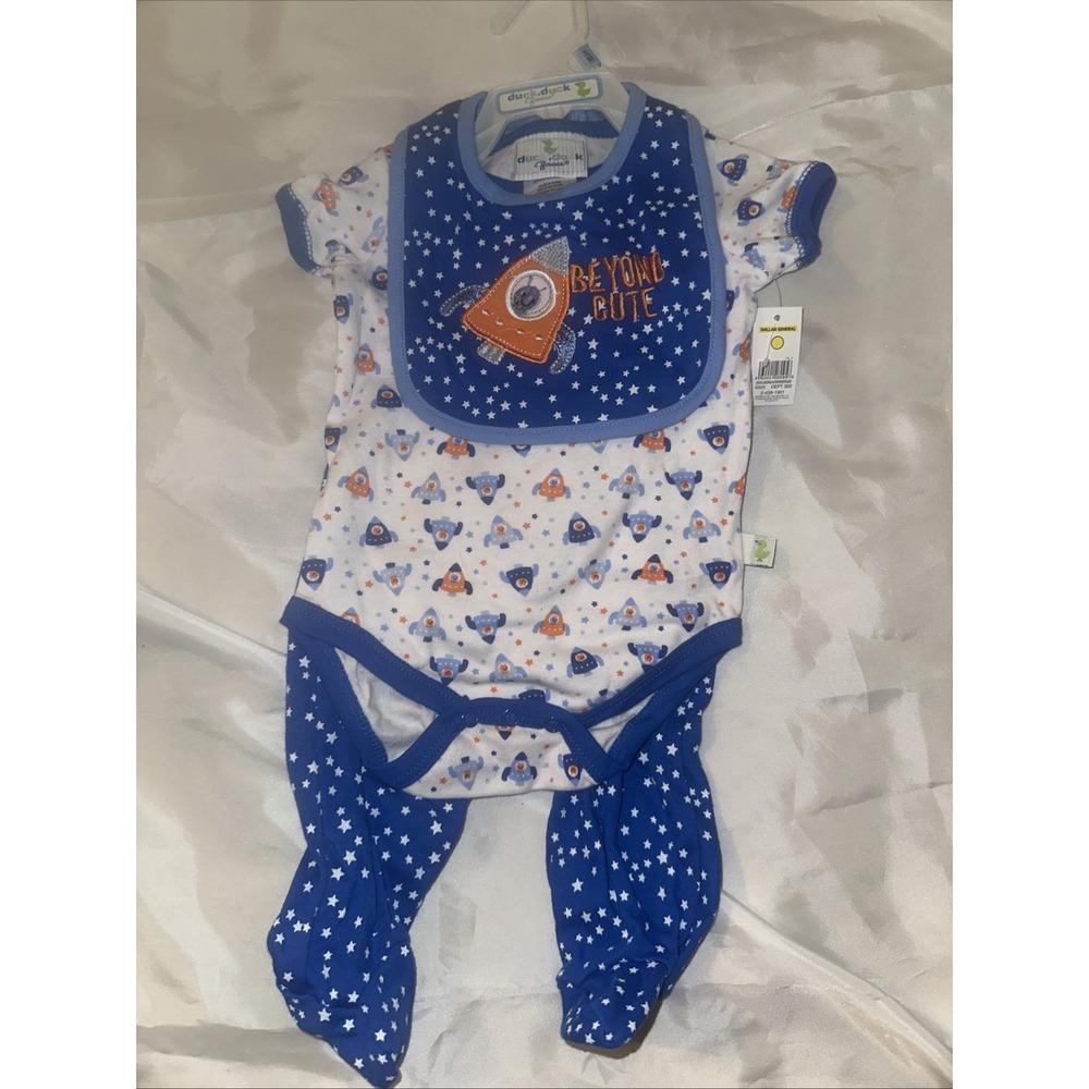 Duck Duck Goose Baby Boys 3pc Rocket Ship Set Bodysuit Pants Bib 6-9M Blue New